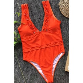 Red Plunging Crisscross Padded High Cut Beautiful One Piece Swimsuit