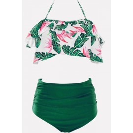 Green Ruched High Waist Floral Beautiful Swimwear