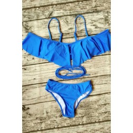 Solid Color Ruffles Decor Strappy Two Piece Swimwear Swimsuit