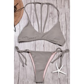 Gray Back Strappy Padded Tie Sides String Thong Beautiful Swimwear