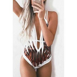 Coffee Leaf Print Plunging Strappy Beautiful One Piece Swimsuit