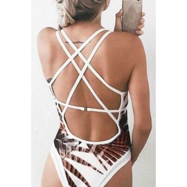 Coffee Leaf Print Plunging Strappy Beautiful One Piece Swimsuit