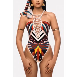 White Tribal Print Caged Strappy High Cut Beautiful One Piece Swimsuit
