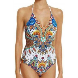 White Tribal Print Lace Up Halter Beautiful One Piece Swimsuit