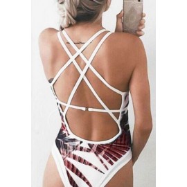 Dark-red Leaf Print Plunging Strappy Beautiful One Piece Swimsuit