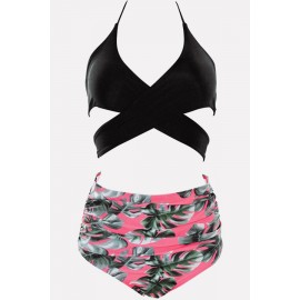 Pink Palm Leaf High Waist Wrap Around Beautiful Swimwear