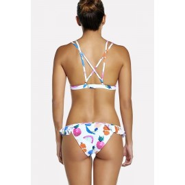 White Fruits Print Ruffles Strappy Triangle Skimpy Beautiful Swimwear
