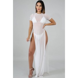 White Mesh Slit Halter High Cut Beautiful Multi Piece Swimsuit
