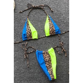 Blue Leopard Print Halter Triangle Tie Sides Thong Beautiful Swimwear