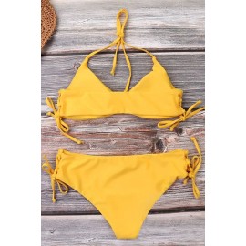Yellow Lace Up Halter Padded Tie Sides Beautiful Swimwear