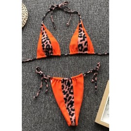 Coral Leopard Print Halter Triangle Tie Sides Thong Beautiful Swimwear