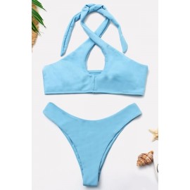 Light-blue Crisscross Keyhole Halter Padded Cheeky Beautiful Swimwear