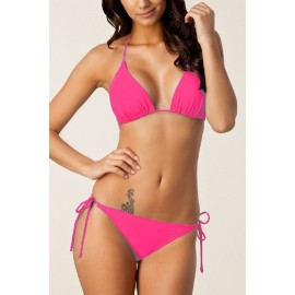 Hot-pink Halter Triangle Tie Sides Thong Beautiful Plus Size Swimwear