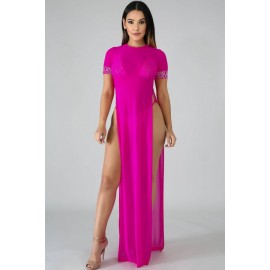 Hot-pink Mesh Slit Halter High Cut Beautiful Multi Piece Swimsuit
