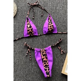 Purple Leopard Print Halter Triangle Tie Sides Thong Beautiful Swimwear