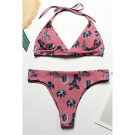 Pink Cactus Print Halter Triangle Cheeky Thong Beautiful Swimwear