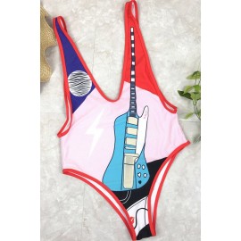 Pink Plunging V Neck Guitar Print One Piece Swimsuit