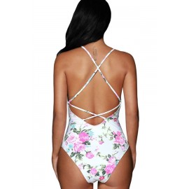 White Floral Print Cutout Strappy Beautiful One Piece Swimsuit