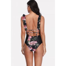 Black Floral Print Ruffles Trim Backless Beautiful One Piece Swimsuit