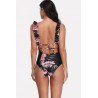 Black Floral Print Ruffles Trim Backless Beautiful One Piece Swimsuit