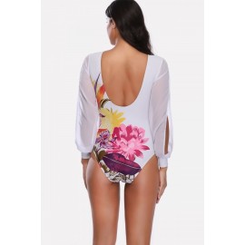 White Floral Chiffon Slit Sleeve Low Back Beautiful One Piece Swimsuit