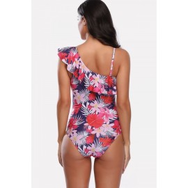 Red Floral Print Ruffles One Shoulder Beautiful One Piece Swimsuit