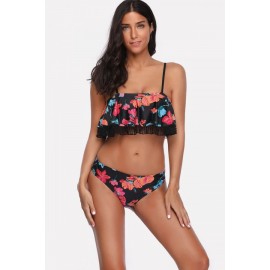 Black Floral Ruffles Lace Up Back Beautiful Swimsuit
