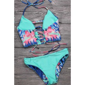 Blue Halter Floral Print Strappy Cutout Lace Up Beautiful Two Piece Crop Top Swimwear Swimsuit