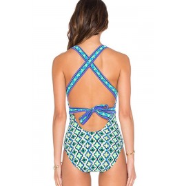 Blue V Neck Graphic Print Cross Back Beautiful One Piece Swimsuit