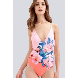 Light Pink Plunging Floral Print Strappy Backless Beautiful One Piece Swimsuit