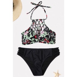 Black Floral Print Caged Strappy Halter Beautiful Swimwear Swimsuit