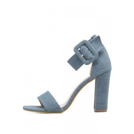 Blue Denim Suede Open Toe Ankle Strap Chunky High Heels