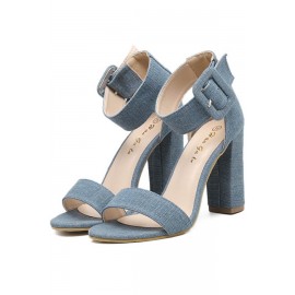 Blue Denim Suede Open Toe Ankle Strap Chunky High Heels
