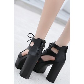 Black Lace Up Cutout Platform Peep Toe Chunky Heel Sandals