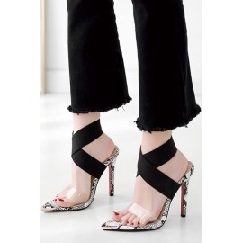 Black Snakeskin Clear Crossed Strap Stiletto High Heel Sandals