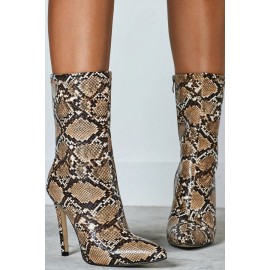 Brown Snakeskin Print Zipper Up Pointed Toe Stiletto Booties