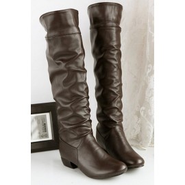 Coffee Faux Leather Knee High Square Heel Boots