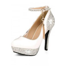 White Patent Faux Leather Sequin Ankle Strap Heels