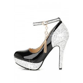Black Patent Faux Leather Sequin Ankle Strap Heels