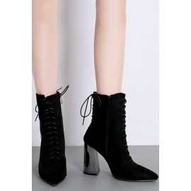 Black Leather Lace Up Pointed Toe Chunky Booties