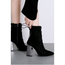 Black Leather Lace Up Pointed Toe Chunky Booties