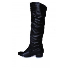 Black Faux Leather Knee High Square Heel Boots