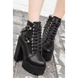 Black Leather Lace Up Back Strappy Platform Chunky Heel Booties