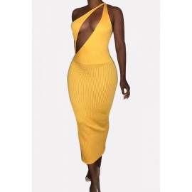 Yellow Ribbed Cutout One Shoulder Beautiful Bodycon Dress