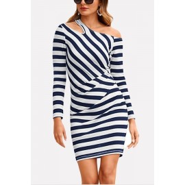 Dark-blue Stripe Long Sleeve One Shoulder Ruched Beautiful Dress