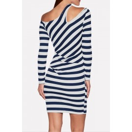 Dark-blue Stripe Long Sleeve One Shoulder Ruched Beautiful Dress