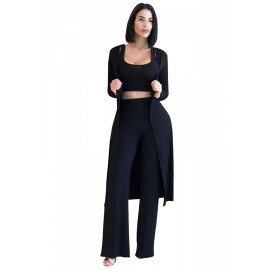 Crop Tank Top&High Waisted Pants With Cardigan Three-Piece Suit Black