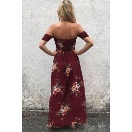 Dark-red Floral Print Slit Off Shoulder Beautiful Maxi Dress