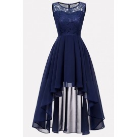Dark-blue Lace Mesh Splicing Sleeveless Elegant A Line Dress