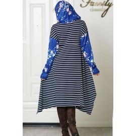 Blue Floral Stripe Hoodie Long Sleeve Casual Sweatshirt Dress